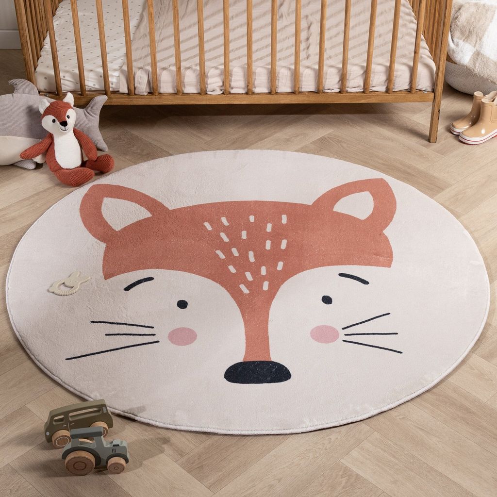 Volero - Waschbarer Spielteppich Rund - Sammy Fox Orange - Ø 140 cm - Kinderzimmer, Babyzimmer - Klassik