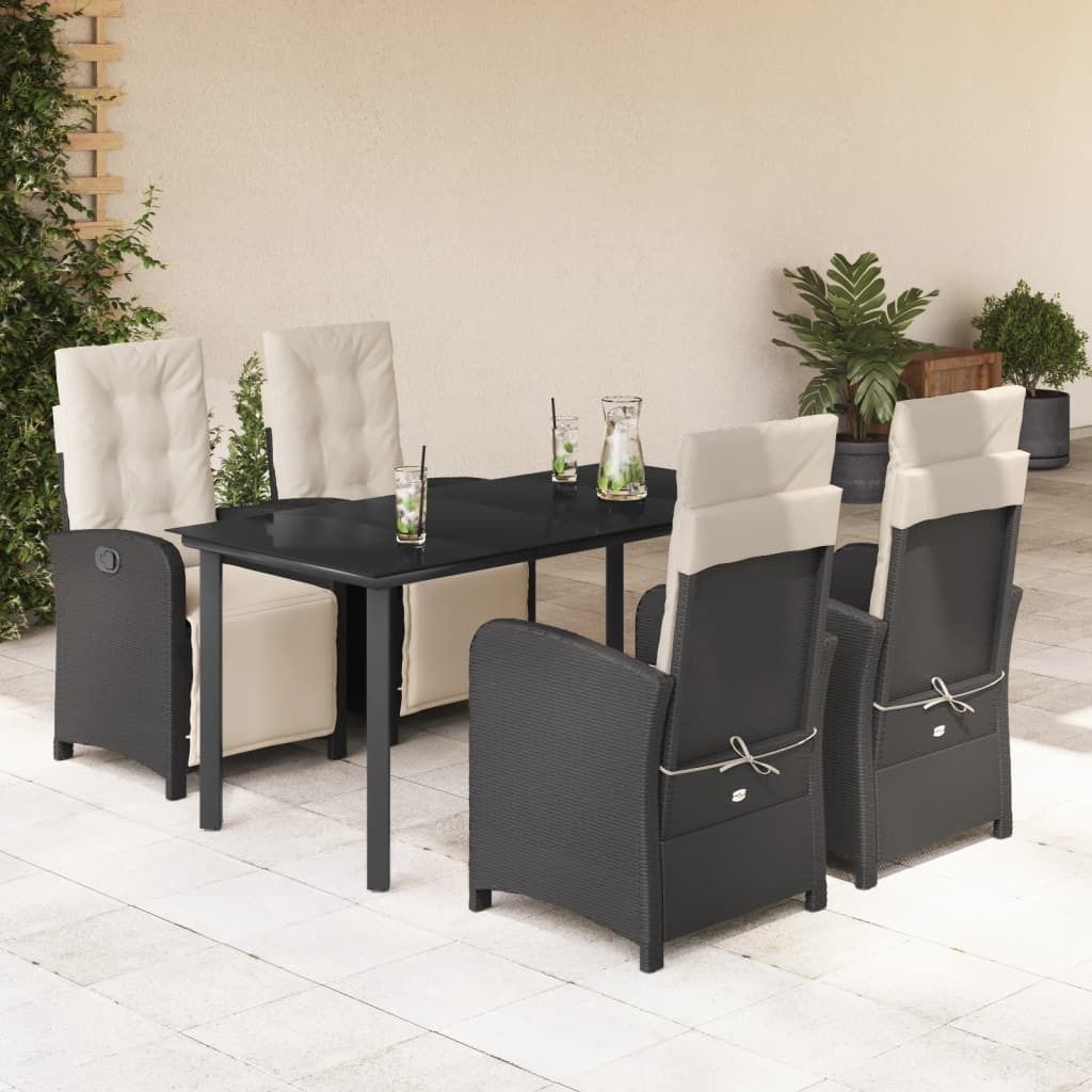 Design 5-tlg. Garten-Essgruppe mit Kissen Schwarz Poly Rattan, Gartenmöbel-Sets 2024 Neu