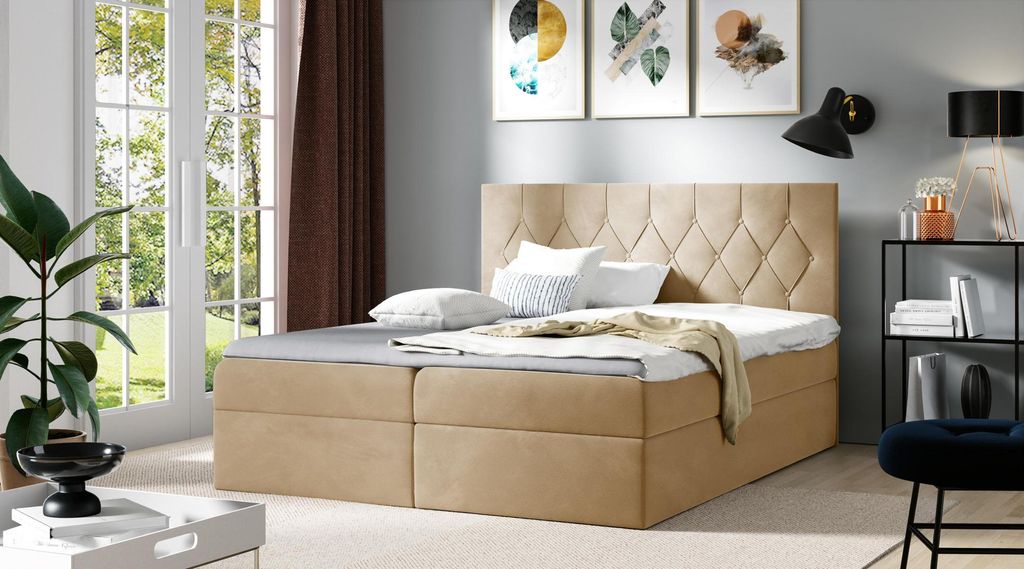 Luxus Boxspring Bett Hotel Betten Polster Funktion Bettkasten 180x200cm Beige