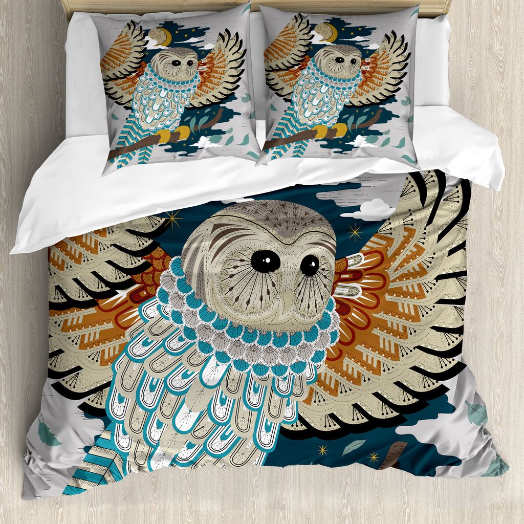 ABAKUHAUS Eule Drucken Bettbezug Set für Einzelbetten, Vogel-Flügel Mond Motive, Milbensicher Allergiker geeignet mit Kissenbezug, 200 cm x 200 c...