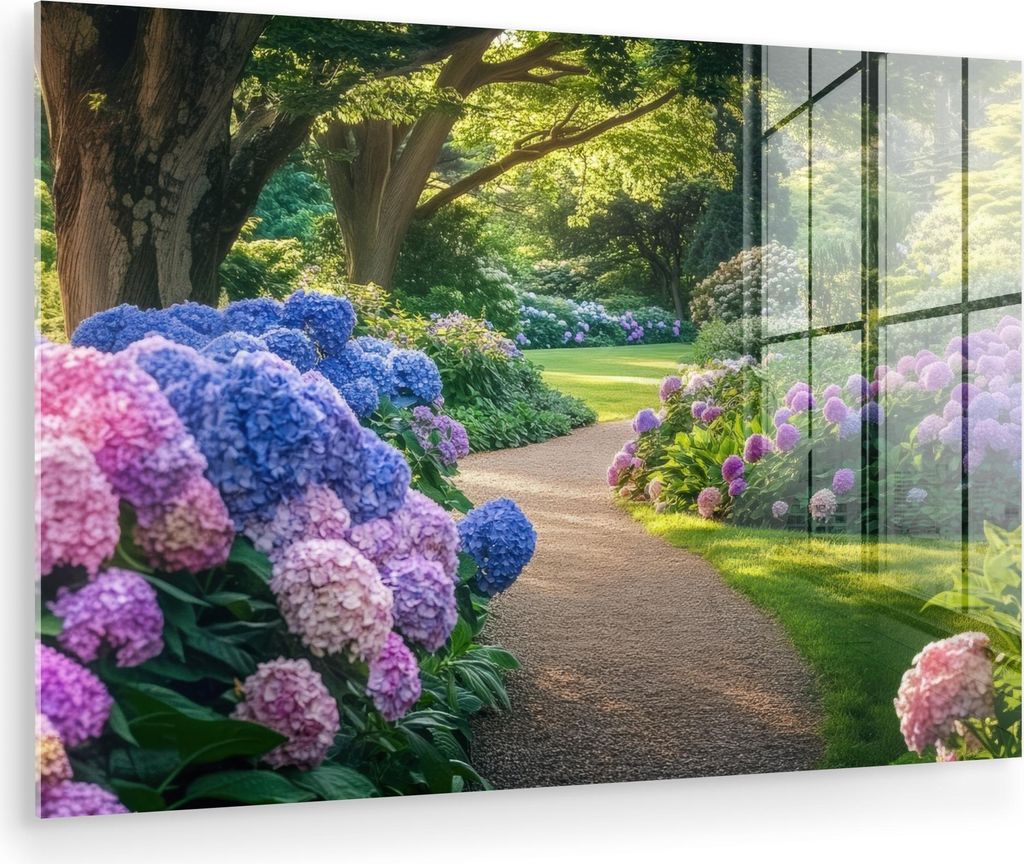 MuchoWow Glasbilder - Bilder auf Wandbild - Foto auf Glas Hortensienpark - Weg 90x60 cm Wanddekoration aus Glas - Acrylglasbild - Acrylbilder - Wan...