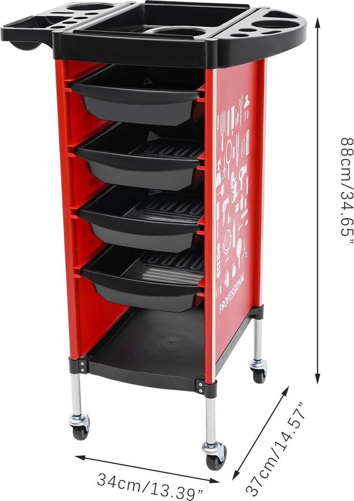 Professioneller Friseurwagen Salonwagen - Rollwagen mit 4 Schubladen - Faltbare Ablage - PP Kunststoff - 37×34×88 cm - Rot