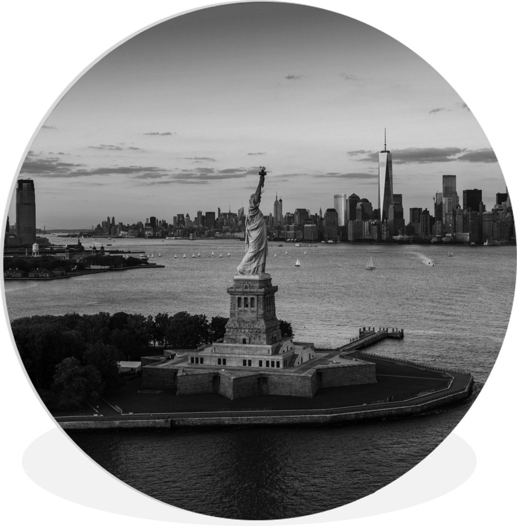 MuchoWow Rundes Wandbild - Runde Bilder Freiheitsstatue und Skyline von New York City - schwarz und weiß Ø 60 cm Kreis Wanddekoration Kunststof...