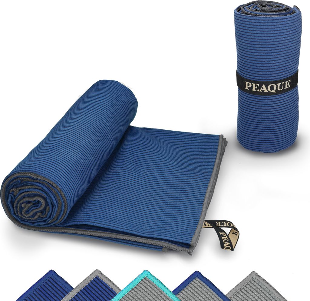 Mikrofaser-Handtuch mit Struktur - Navy/Rand: Grau, 200x100 cm - leicht, kompakt, schnelltrocknend, antibakteriell