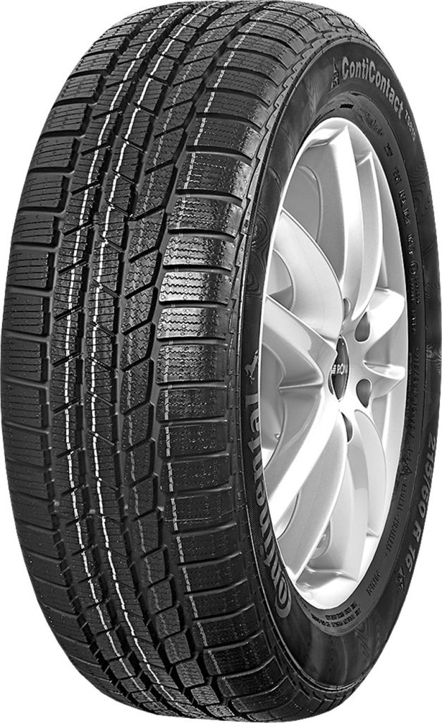 A close-up studio shot of a single tire mounted on a silver alloy wheel, presented against a plain white background.