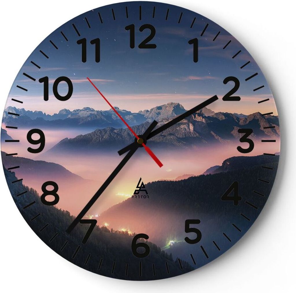 Wanduhr - Rund - Glasuhr - Berge Wolken Nebel - 40x40cm - Schleichendes Uhrwerk - Lautlos - zum Aufhängen bereit - Dekoration Modern - Wanddekorat...