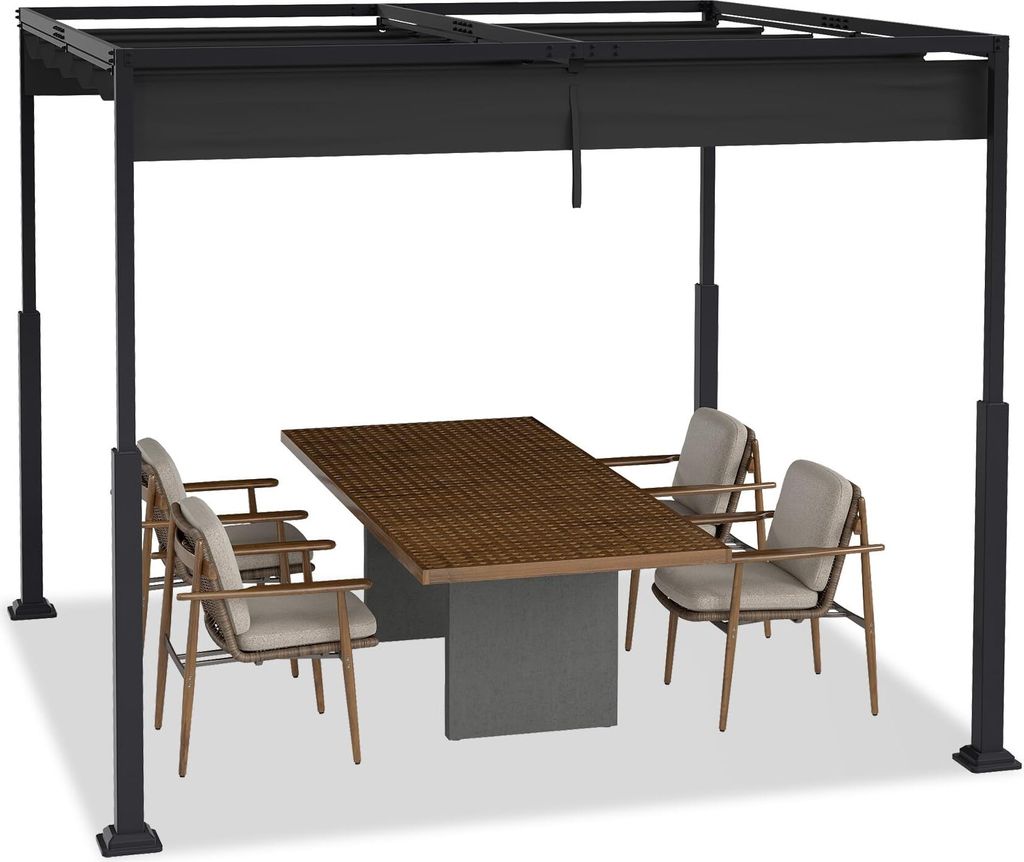 JOIEYOU 3x3m Garten Pergola Stabile Gartenlauben mit Stahlrahmen & Schiebedach, 245cm Hoch Pavillon mit UV-Schutz Einziehbar Welle Überdachung Par...