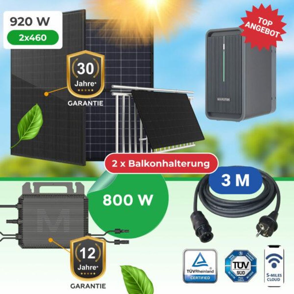 Balkonkraftwerk 920W Komplettset mit Marstek B2500D 2,24 kWh Speicher, 2x 460W bifazial Glas-Glas Module & M2-800 Wechselrichter inkl. BalkonHalterung