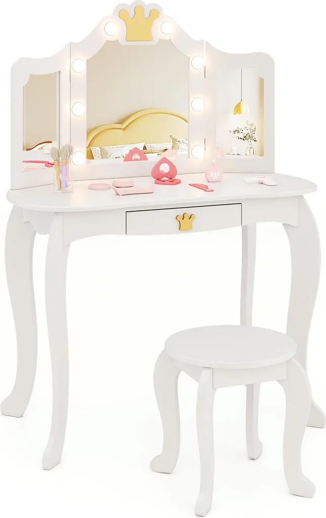 COSTWAY Set Toeletta Bambini Specchio LED Bianco - Mobile Principessa