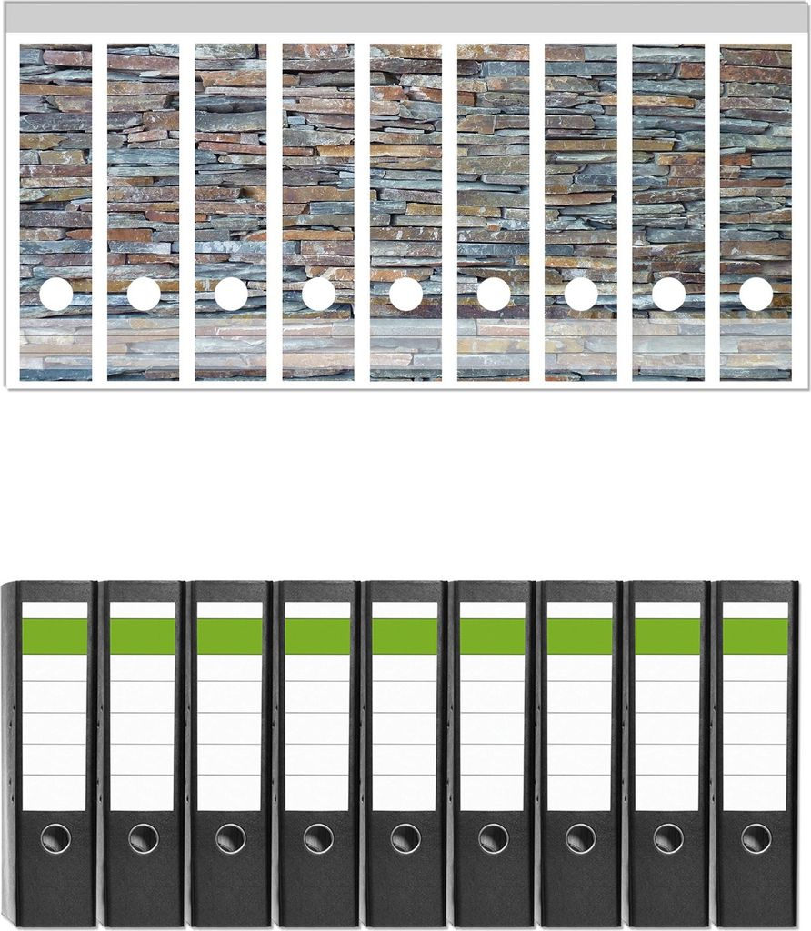 Wallario 9 Stück breite Ordner inkl. Klebeetiketten mit Motive Natursteinmauer in grau braun - Set mit Rückenschildern / Ordnerrücken Stickern