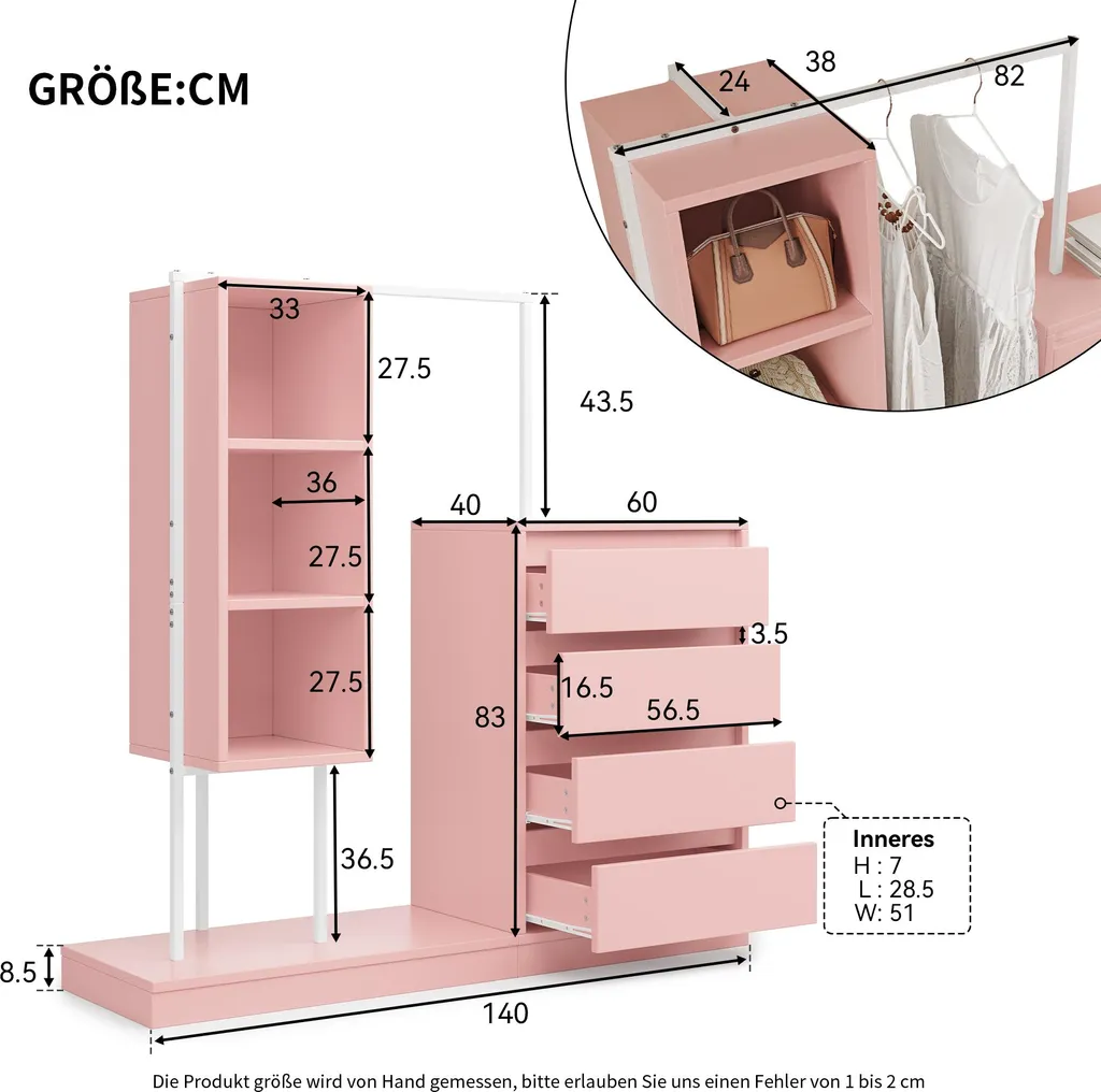 Dressing Rose 140cm : Solution Anti-Désordre avec Penderie et Commode - 4