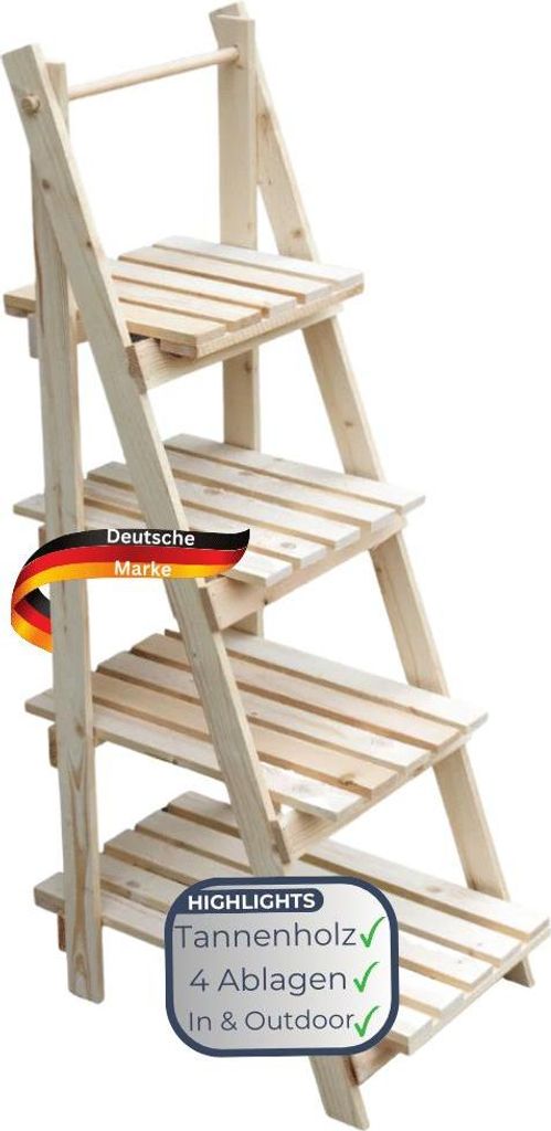 Blumenleiter Holz TIMMI - 4 Stufen für Blumentöpfe | Pflanzentreppe Blumentreppe Tannenholz Leiterregal Pflanzen In- & Outdoor