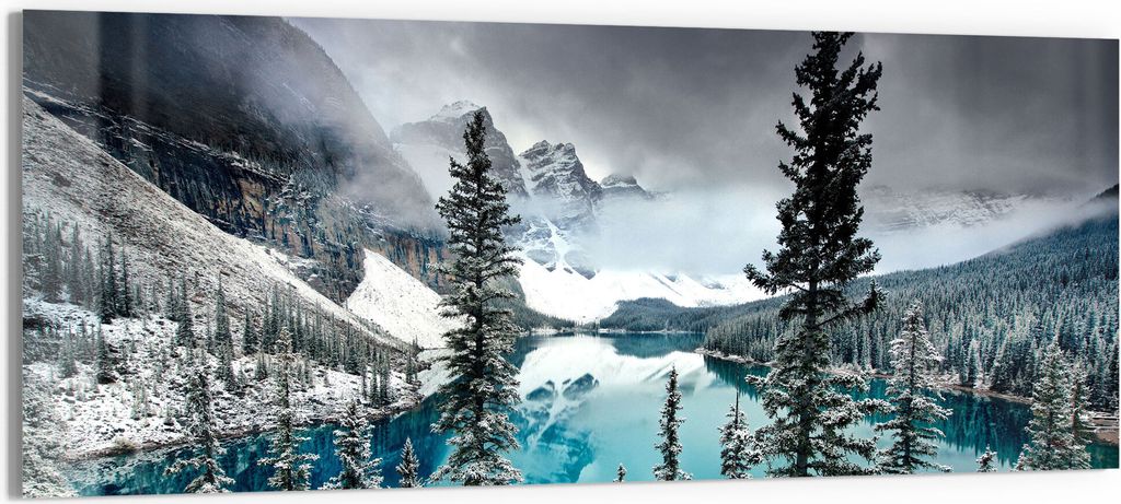 DEQORI Glasbild Echtglas 125x50 cm 'Moraine See im Winter' Wandbild Bild modern Deko