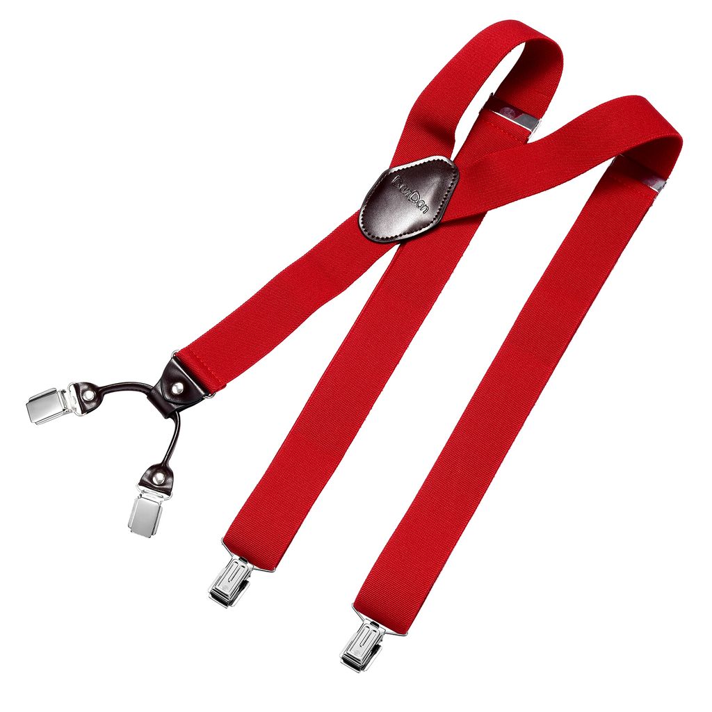 DonDon Herren Hosenträger 3,5 cm breit 4 Clips mit braunem Leder in Y-Form elastisch und längenverstellbar - dunkelrot
