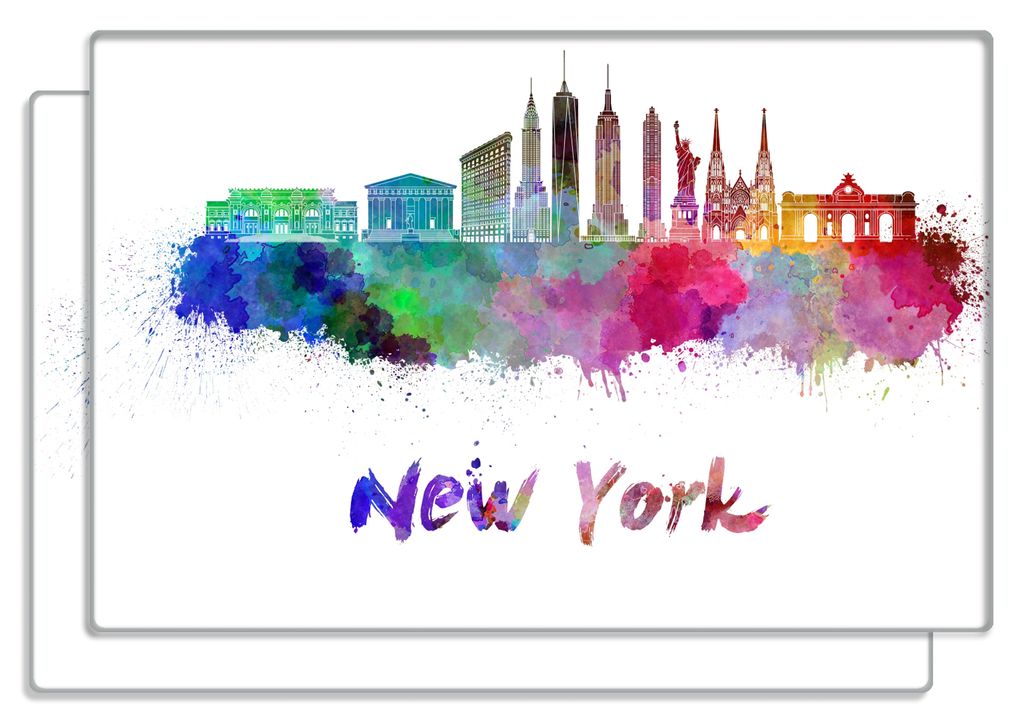 Wallario Frühstücksbrettchen 2er Set aus Glas, je 20 x 30 cm, mit rutschfesten Füßen, Motiv Städte als Aquarell - Skyline von New York