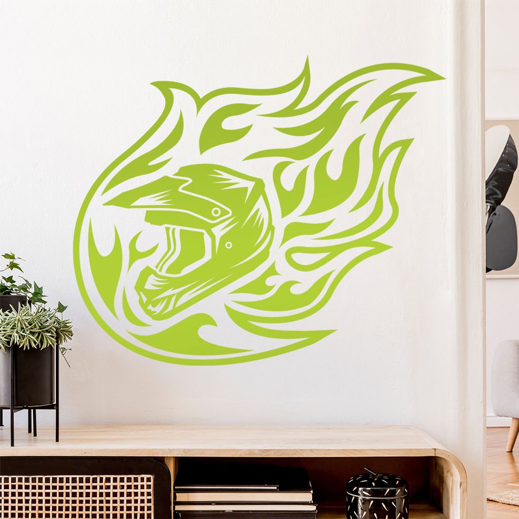 Motocross Helm Flammen Wandtattoo Wandaufkleber Wall Sticker - Dekoration, Küche, Wohnzimmer, Schlafzimmer, Badezimmer