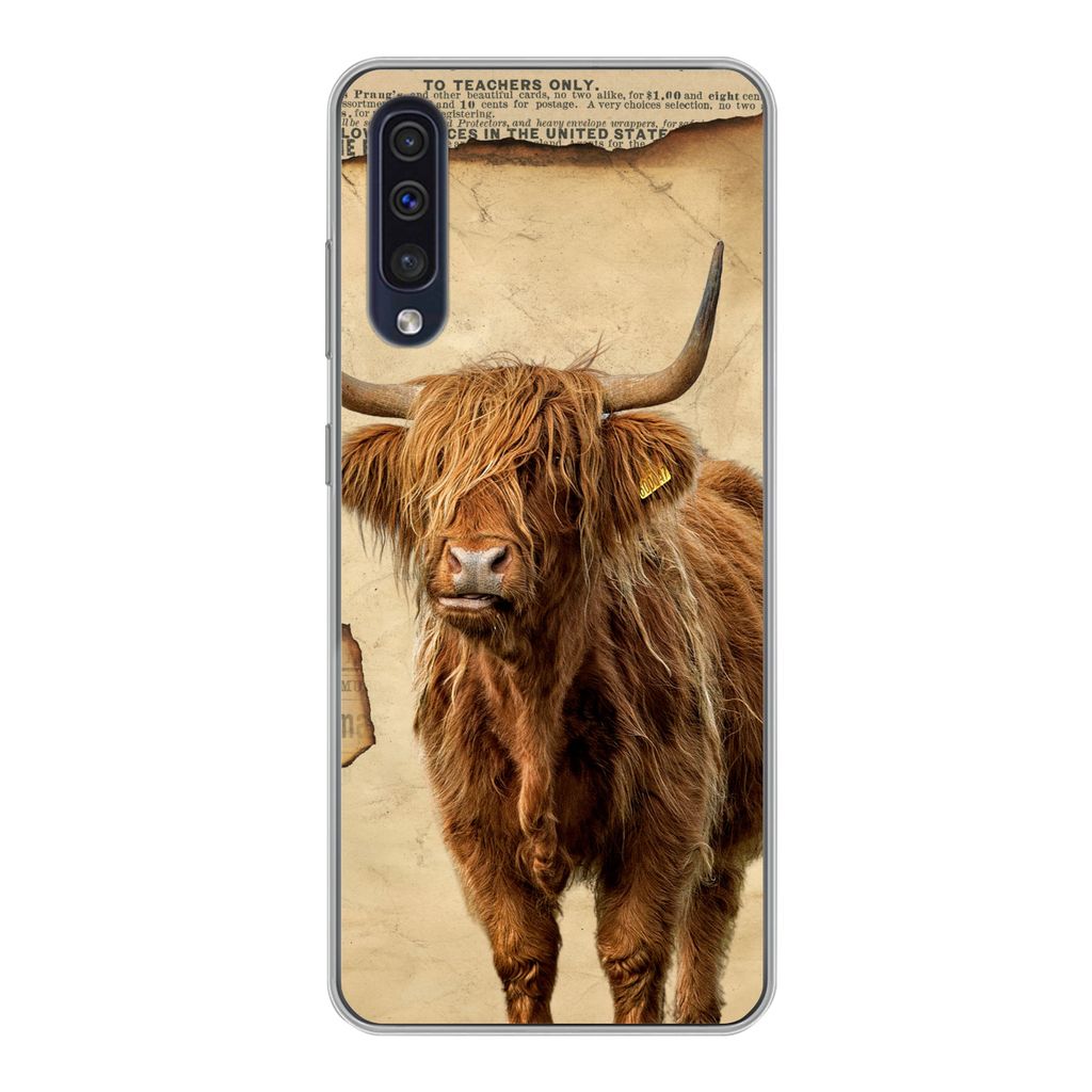 MuchoWow Handyhülle Schutzhülle Hülle für Samsung Galaxy A30s Schottischer Highlander - Retro - Zeitungsartikel Silikon Softcase Handy Hülle...