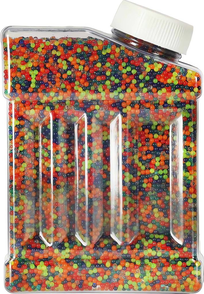 A clear, well-lit studio shot of a clear plastic container filled with colorful gel beads, with a white screw-on lid.