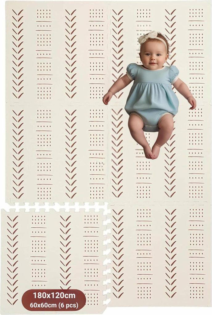 KinderNest Schaumstoff-Babyspielmatte – 6-teilig, Sicherheit , Rutschfest, Weich & Wasserdicht – Beige, 180 x 120 cm