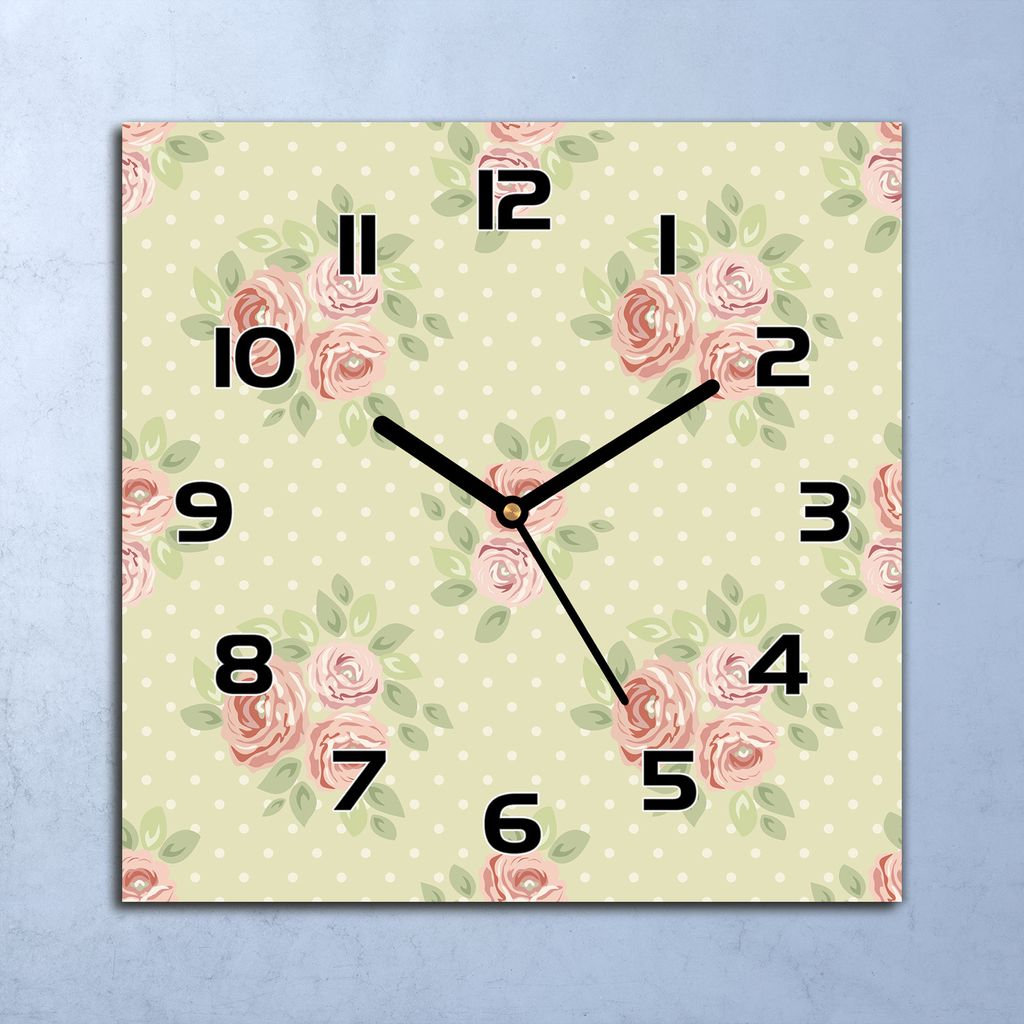 Wanduhr Echt-Glas-Küchenuhr Grün Rosen rosa Quarz Lautlos 30x30 Deko Bilder