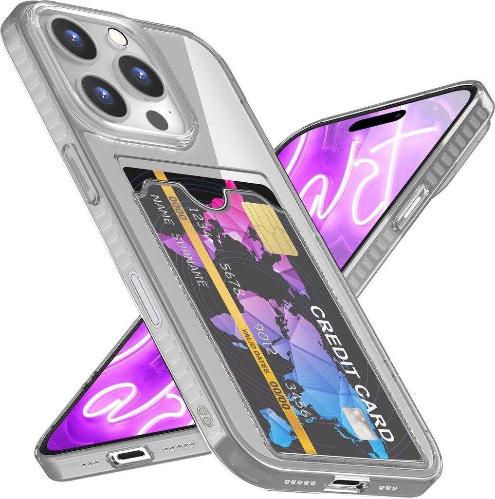 NALIA Neon Silikonhülle für iPhone 16 Pro – Kartenfach & Knallige Signal-Farbe – CARDPOP (Anti-Shock Handyhülle) – Marke aus Berlin – Grau