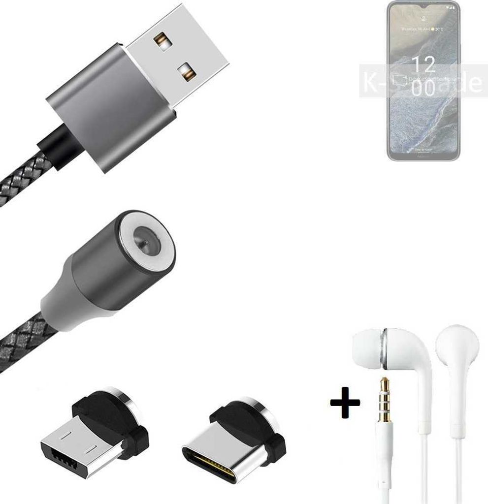 K-S-Trade Hochwertiges Magnet-Lade-kabel Sync-Kabel Daten-Kabel + Kopfhörer kompatibel mit Nokia G11 Plus mit USB-Typ-C-Anschluss und