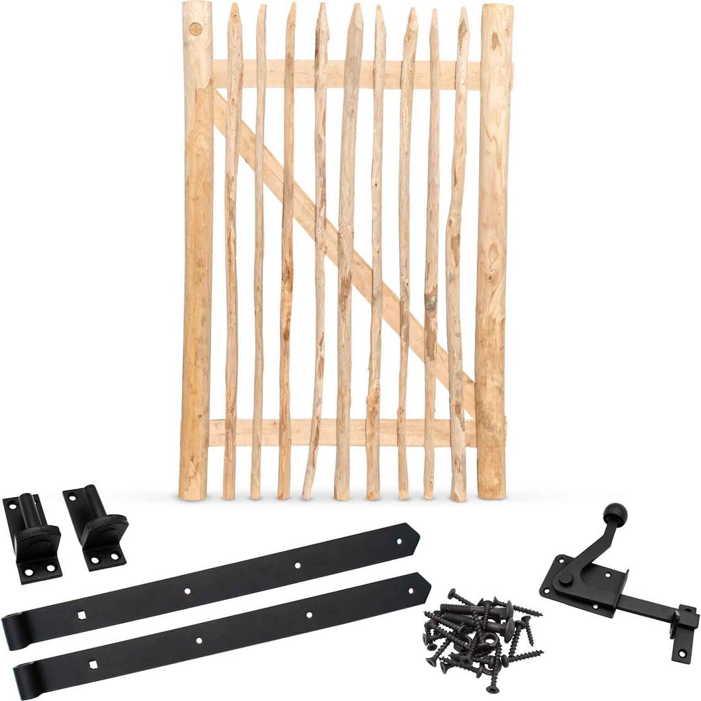 Classic Staketenzaun-Tor Set (schwarz) aus Edelkastanie, Breite 100 cm, Höhe 150 cm (genagelte Ausführung)