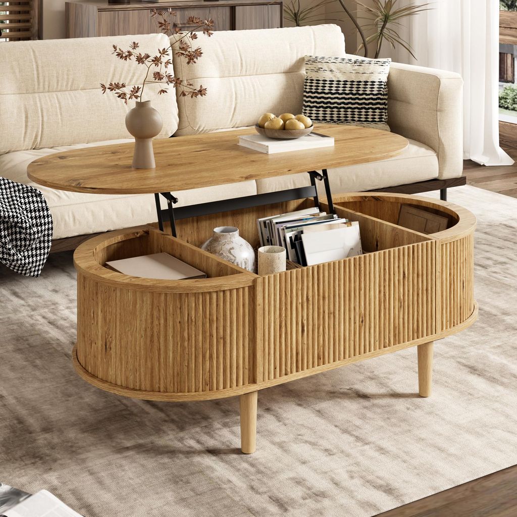 okwish moderner Couchtisch mit höhenverstellbare Tischplatte, Sofatisch mit Stauraum, Kaffeetisch Wellendesign, Eiche