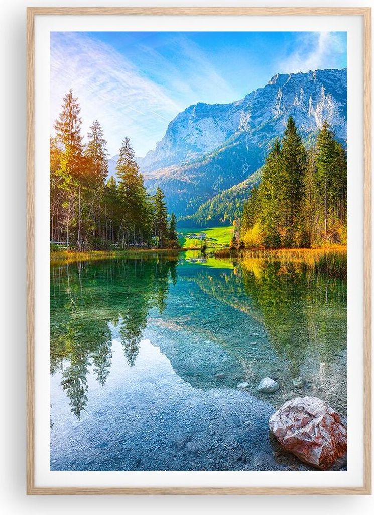 Gerahmtes Poster - Rahmen in heller Eiche - Landschaft Berge Morgendämmerung - 70x100 cm - Wand Bild - Wanddeko - Wandbilder - Kunstposter - Wandp...