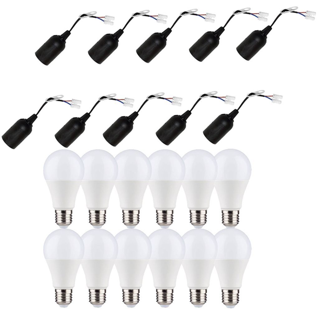 12 x LED Leuchtmittel A60 9W = 60W E27 matt 820lm warmweiß + 10 x Baufassung Lampenfassung Renovierfassung E27 schwarz mit Steckklemme