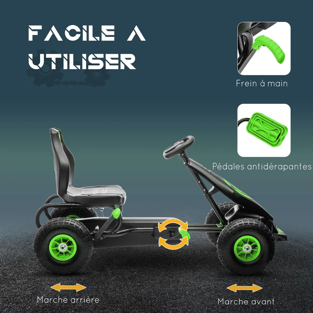 HOMCOM – Kart à Pédales Enfant – Siège Réglable 3 Positions – Frein à Main, Marche Arrière – Roues Caoutchouc – 5 à 12 Ans – 121 X 58 X 61 Cm