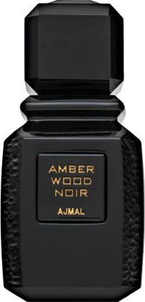 A black perfume bottle with gold text on a white background.