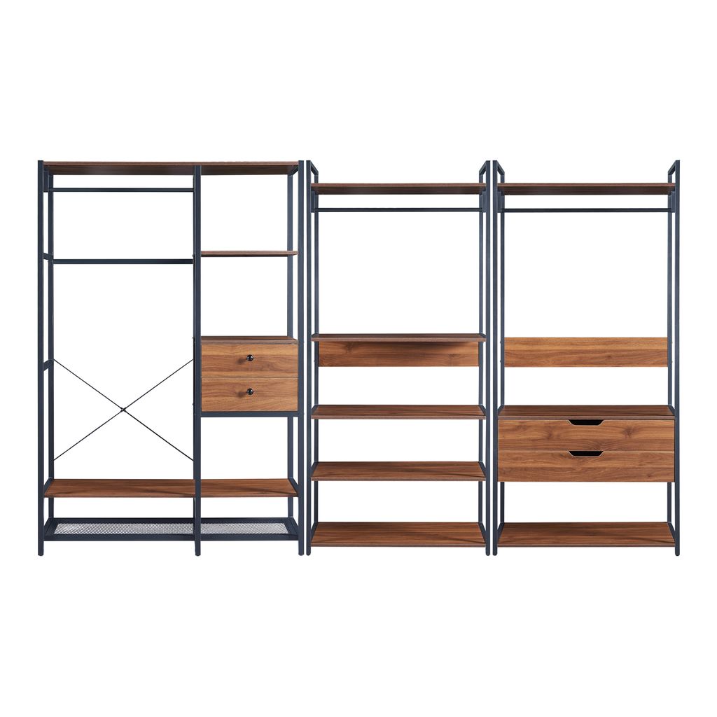 A modular wardrobe system with multiple shelves and drawers, displayed against a white background.