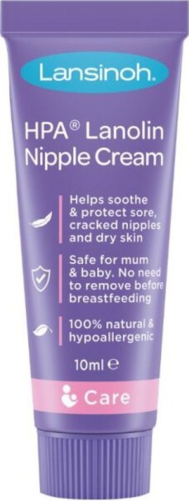 A tube of Lansinoh HPA Lanolin Nipple Cream against a white background.
