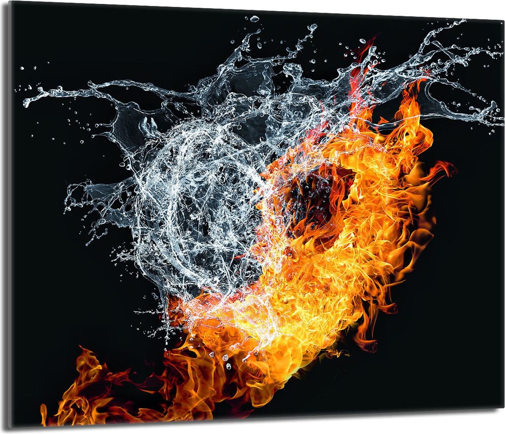 A dynamic abstract image showing a splash of water interacting with flames.