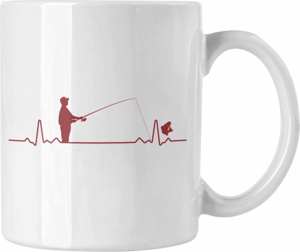 Trendation - Angler Tasse Geschenk Männer Grafik Herzschlag Lustig für Fischer Geschenkidee Angeln Fischen (Weiß)