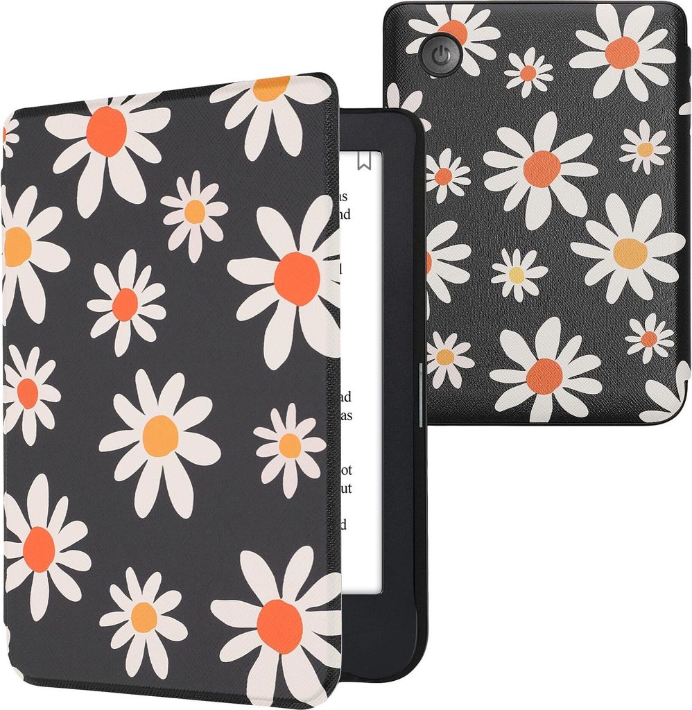 kwmobile Schutzhülle für Kobo Clara 2E / Tolino Shine 4 Hülle - eReader Flip Case mit Auto Sleep Funktion - Kleine Gänseblümchen mit Blau Wei...