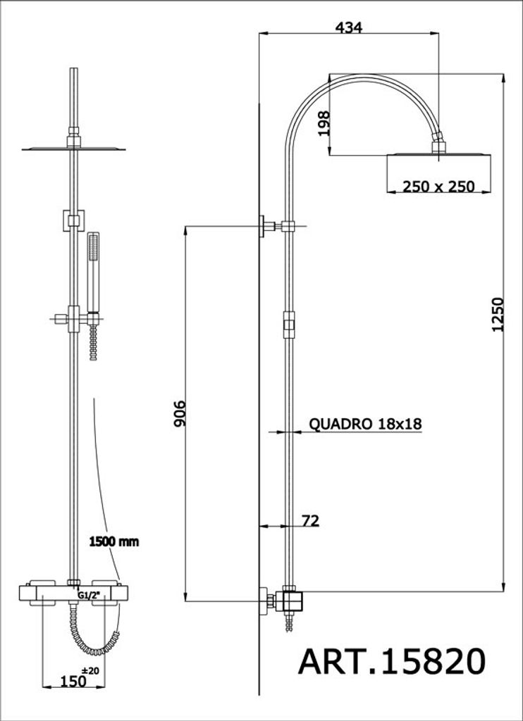 Demm Duschsystem mit Thermostat Set mit Handbrause und eckigem Brausekopf 25 x 15 x 15820, 39468.020.C