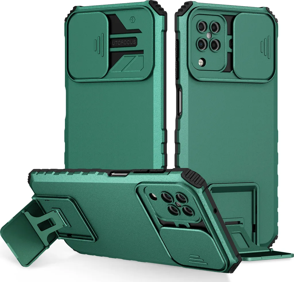 Custodia per Samsung Galaxy A12 5G robusta a doppio strato, protezione militare con kickstand e protezione scorrevole della fotocamera verde