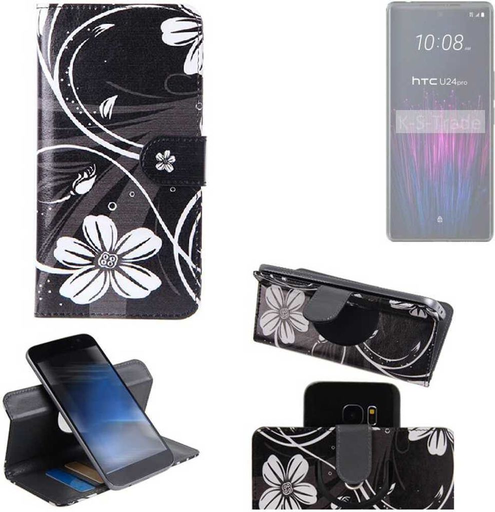 K-S-Trade Schutzhülle Handyhülle kompatibel mit HTC U24 pro Hülle 360° Wallet Case “Flowers“ Klapphülle Hülle schwarz-weiß 1x