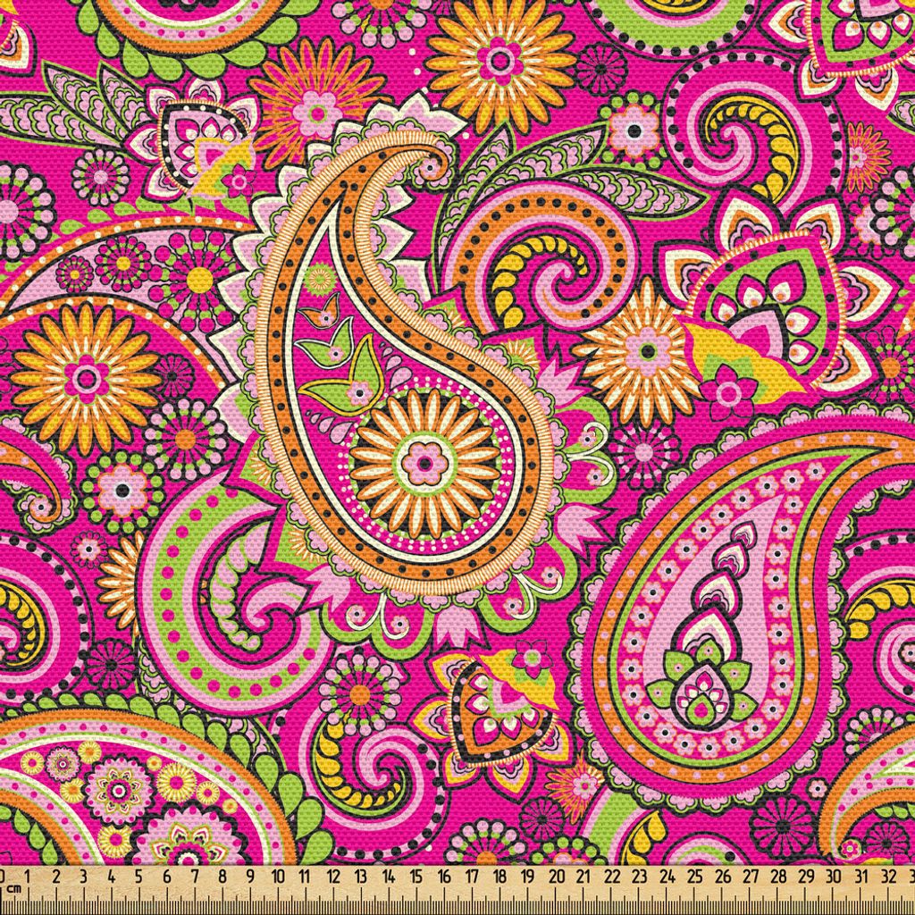 ABAKUHAUS Paisley Gewebe als Meterware, Vivid Design mit Blumen Punkte Blätter und Ornamental Patterns Artwork Print, 2 M (148 x 200 cm), Mehrfarbig