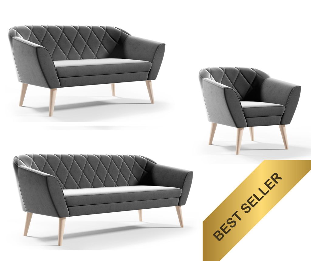 A collage of a gray sofa set and armchair with wooden legs, set against a white background. A golden banner with 'BEST SELLER' text is overlaid on the bottom right.