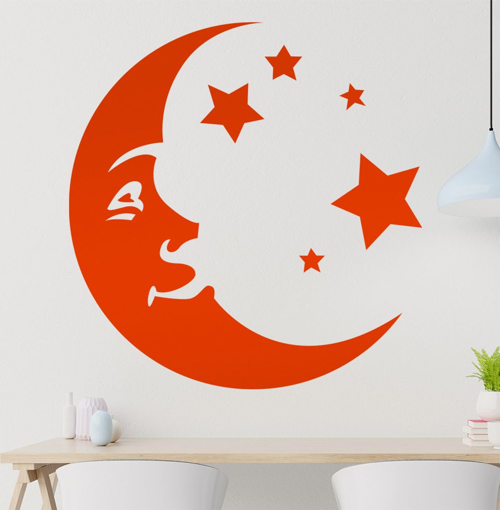 Mondgesicht und Sterne Wandtattoo in 6 Größen - Wandaufkleber Wall Sticker - Dekoration, Küche, Wohnzimmer, Schlafzimmer, Badezimmer