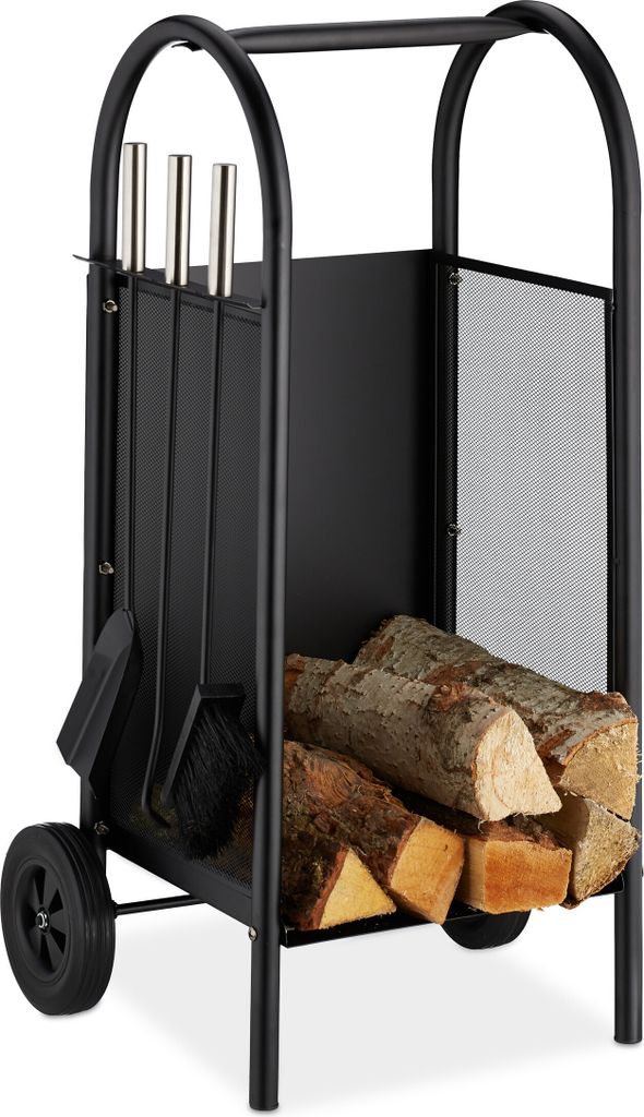 Relaxdays Kaminholzwagen mit Besteck, Brennholzkarre Stahl, Produktbild 