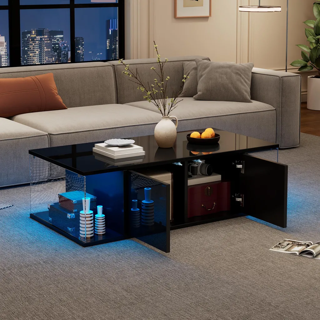 Table Basse Design Noire pour Salon Moderne, Rangement et LED 100cm