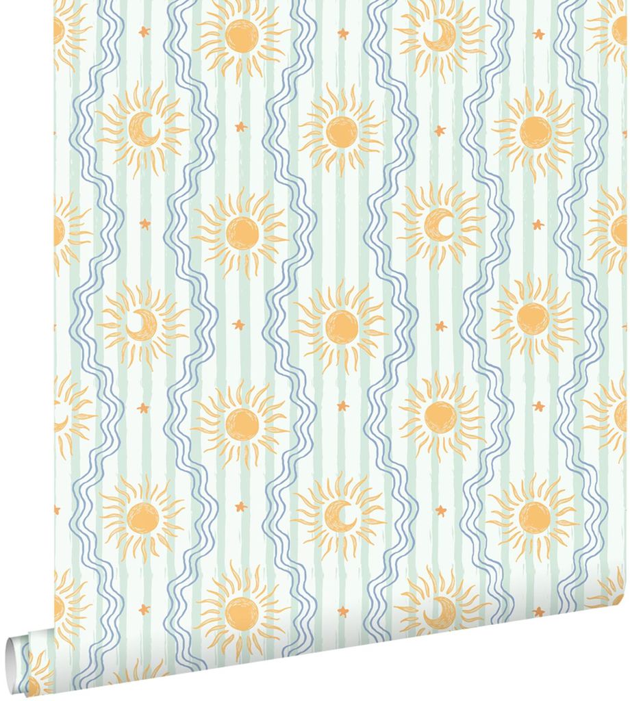 ESTAhome Tapete Retro-Ornamente Mintgrün, Blau und Gelb 50 x 900 cm