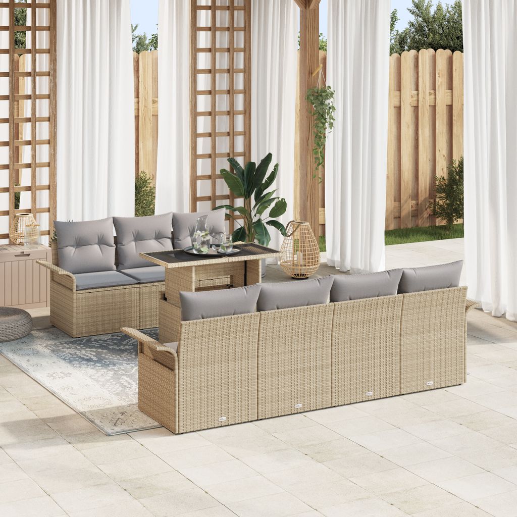 8-teiliges Garten Sofa Set mit Kissen Beige Poly Rattan, Gartensofas DesignMöbel Neu