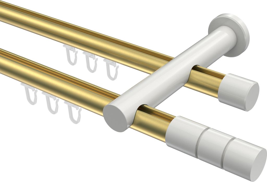 Interdeco Innenlaufstange / Gardinenstange mit Innenlauf Messing-Optik / Weiß, Typ Platon Elanto (Rillenzylinder), 20 mm Ø 2-läufig, 540 cm