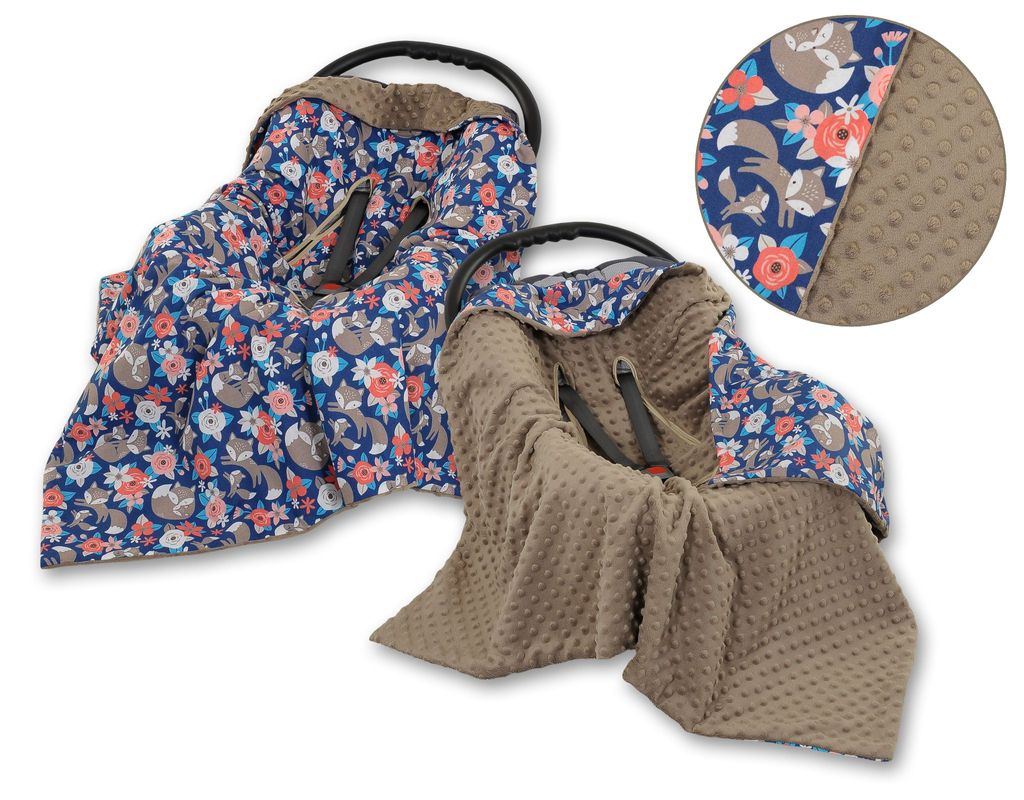 Großes, doppelseitiges Tragetuch für den Kinderwagensitz - Fuchsfamilie in Marineblau