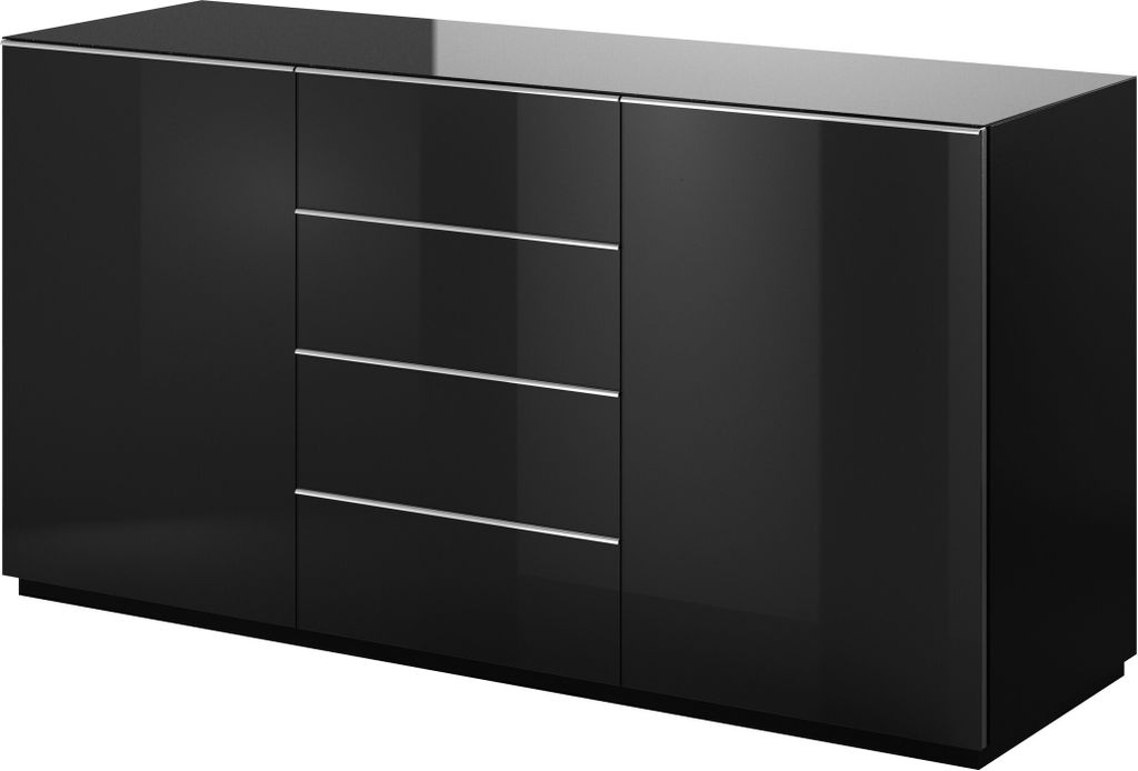 Furniture24 Kommode Helio 26 Sideboard 160X80X48 Cm 2 Türen 4 Schubladen Schwarz/Schwarzes Glass